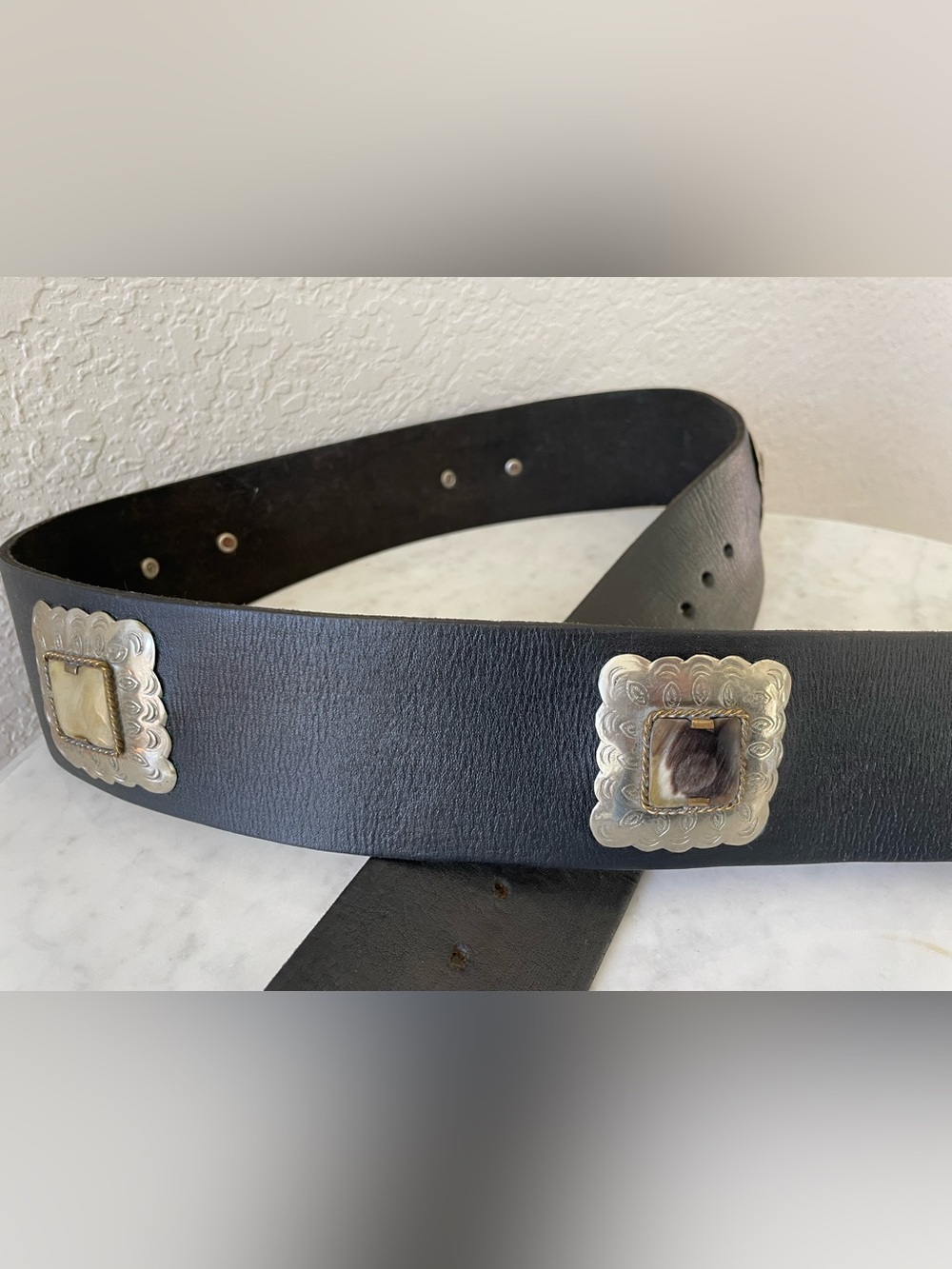 Vintage Silver Tone Concho Black Leather Bone Inlay Belt Engraved Western Belt - Picture 4 of 10